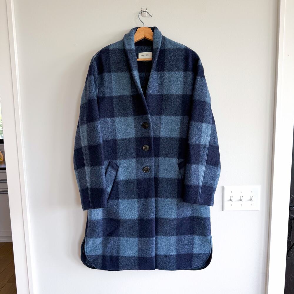 Isabel Marant Étoile Gabriel Single-Breasted Check Coat Midnight Blue 40 NWT